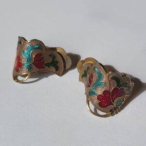 Vintage Cloisonne Enamel Butterfly Floral Clip On Earrings Gold Tone Multicolor